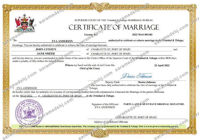 Trinidad and Tobago marriage certificate Word and PDF template